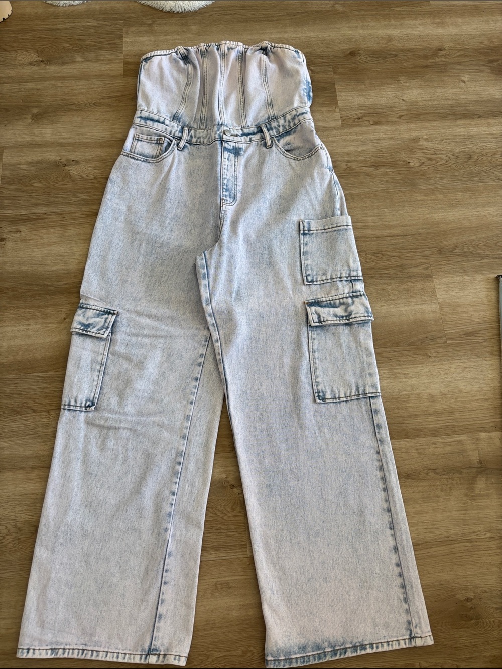 wild fable Light Wash Strapless Cargo Denim Jumpsuit